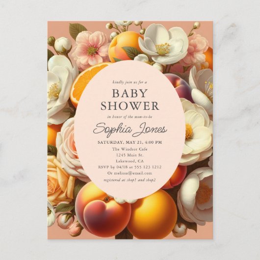 Citrus Pastel Blooms Perzik Baby shower Briefkaart (Voorkant)