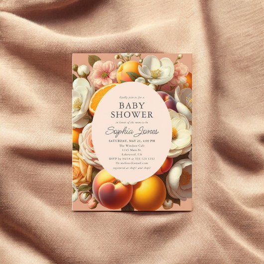 Citrus Pastel Blooms Perzik Baby shower Briefkaart