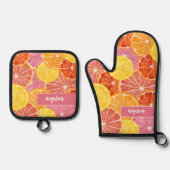 Citrus Pattern - Aangepaste naam - Roze Sinaasappe Ovenwant & Pannenlap Set (Voorkant)