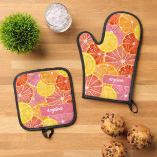 Citrus Pattern - Aangepaste naam - Roze Sinaasappe Ovenwant & Pannenlap Set