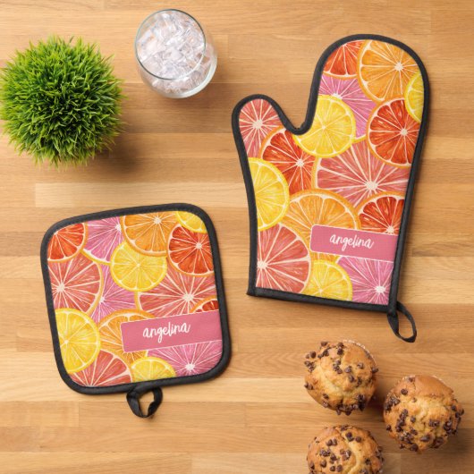 Citrus Pattern - Aangepaste naam - Roze Sinaasappe Ovenwant & Pannenlap Set (Top down)