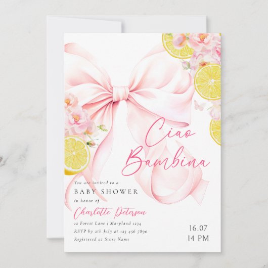 Citrus Pink Bow Lemon Baby shower Uitnodiging (Voorkant)