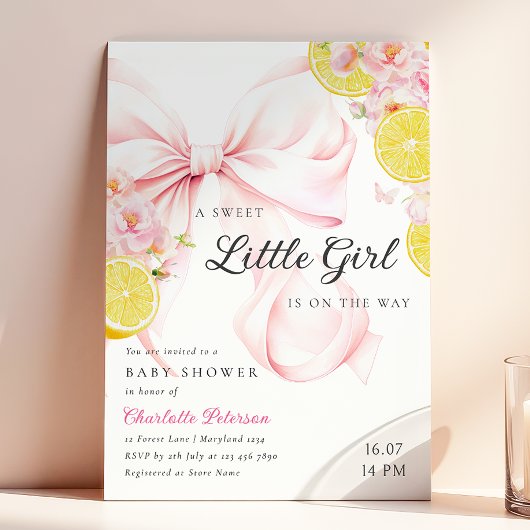 Citrus Pink Bow Lemon Baby shower Uitnodiging
