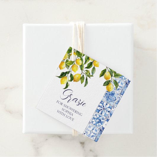 Citrus Positano Blauwe Tegels Vrijgezellenfeest Bedankjes Labels (In situ)