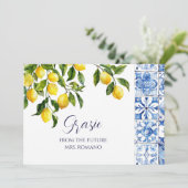 Citrus Positano Blauwe Tegels Vrijgezellenfeest Bedankkaart (Staand voorkant)