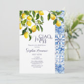 Citrus Positano Blauwe Tegels Vrijgezellenfeest Kaart (Staand voorkant)