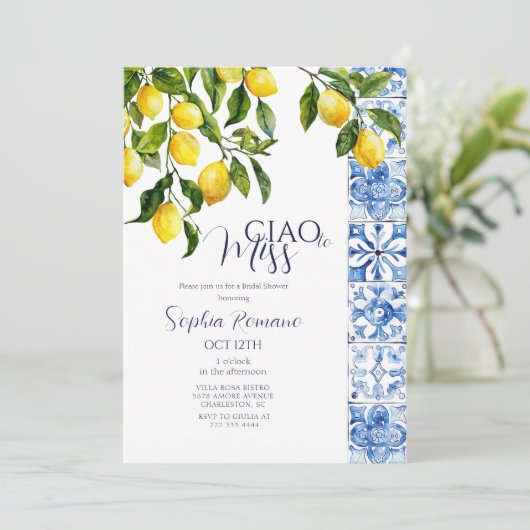 Citrus Positano Blauwe Tegels Vrijgezellenfeest Kaart (Staand voorkant)