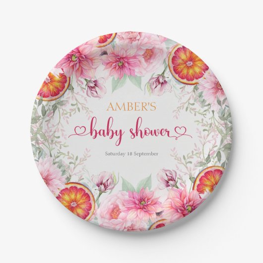 Citrus & Roze Aquarel Bloemen Baby Shower Papieren Bordje (Voorkant)