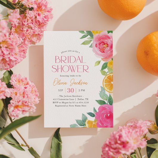 Citrus Roze Bloemen Bruidsfeest Uitnodiging
