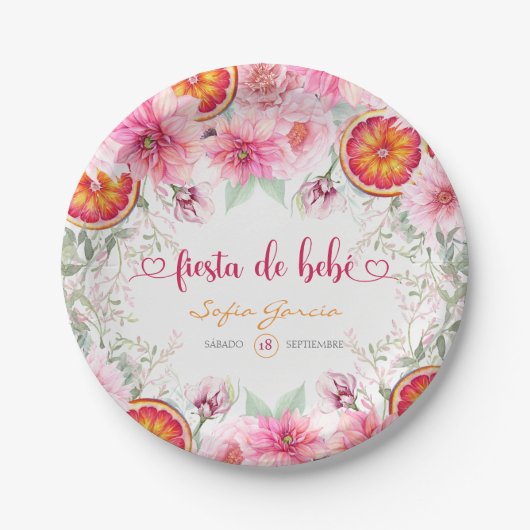 Citrus & Roze Bloemen Fiesta Spaanse Baby Shower Papieren Bordje (Voorkant)