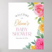 Citrus Roze Bloemige Baby Shower Welkomstbord Poster (Voorkant)