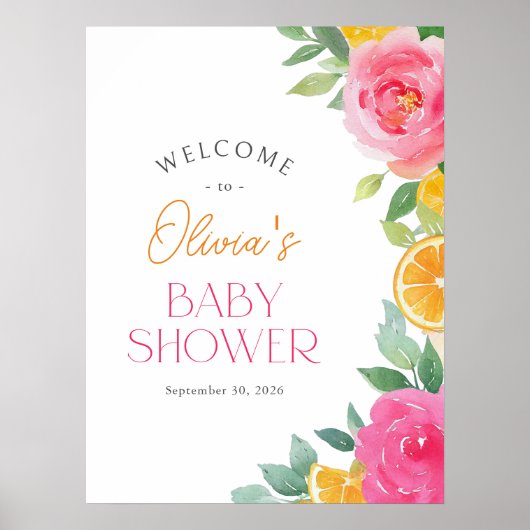 Citrus Roze Bloemige Baby Shower Welkomstbord Poster (Voorkant)