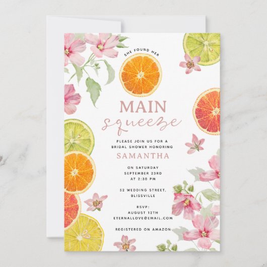 Citrus Roze Main Squeeze Vrijgezellenfeest Brunch Kaart (Voorkant)