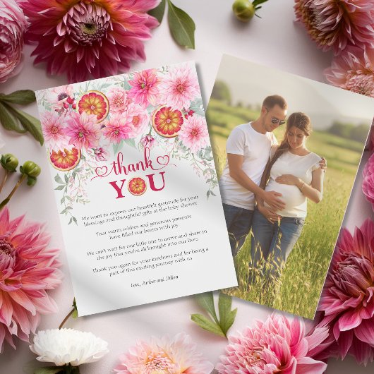 Citrus Roze Waterverf Bloemen Baby shower Bedankkaart