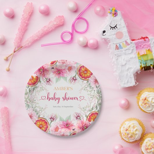 Citrus & Roze Waterverf Bloemen Baby shower Papieren Bordje (Feest)