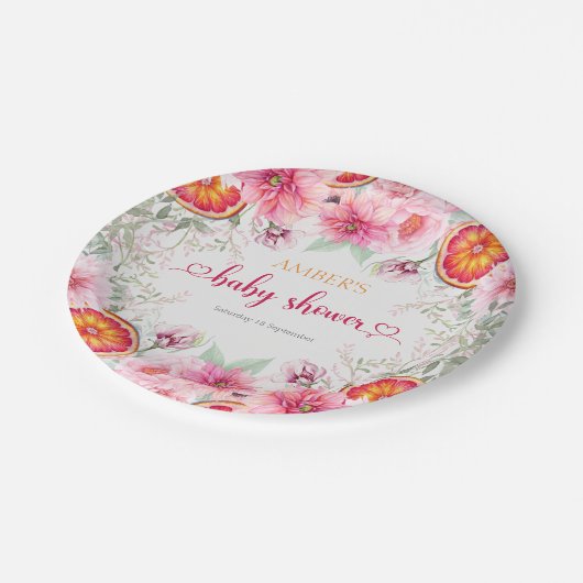 Citrus & Roze Waterverf Bloemen Baby shower Papieren Bordje (Gekanteld)