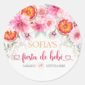 Citrus Roze Waterverf Bloemen Spaanse Baby Shower Ronde Sticker (Voorkant)
