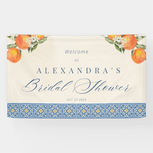 Citrus Sinaasappel Blauwe Tegels Italiaans Vrijgez Spandoek (Horizontaal)