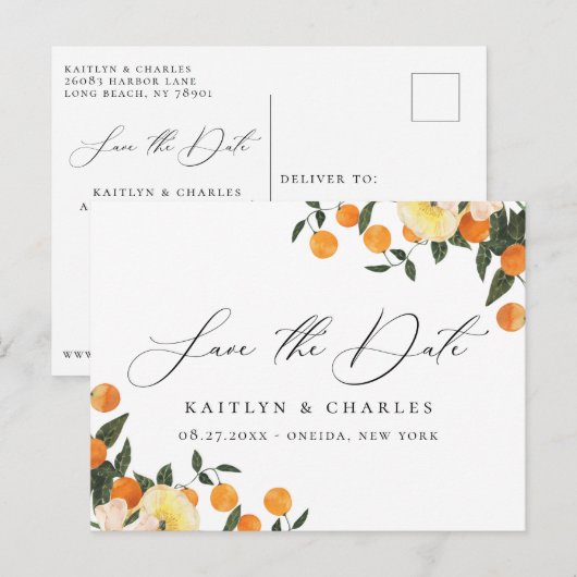 Citrus Sinaasappel Bloemen Bruiloft Save the Date Aankondigingskaart (Voorkant / Achterkant)