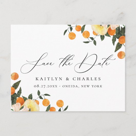 Citrus Sinaasappel Bloemen Bruiloft Save the Date Aankondigingskaart (Voorkant)
