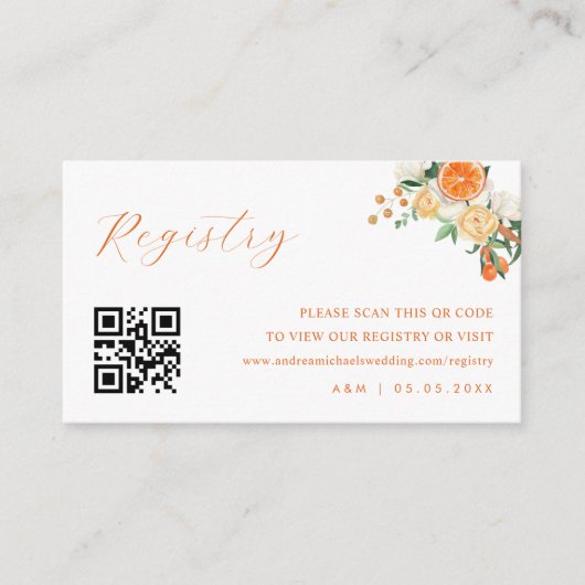Citrus Sinaasappel Bloemen QR Code Huwelijkscadeau Informatiekaartje (Voorkant)