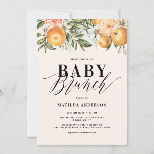 Citrus, sinaasappel + bloesem baby brunchfeest (Voorkant)