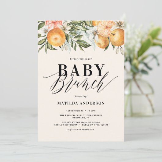 Citrus, sinaasappel + bloesem baby brunchfeest (Staand voorkant)