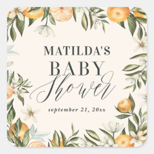 Citrus, sinaasappel + bloesem baby shower feest ca vierkante sticker