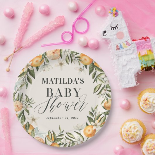 Citrus, sinaasappel + bloesem baby shower feest de papieren bordje (Feest)