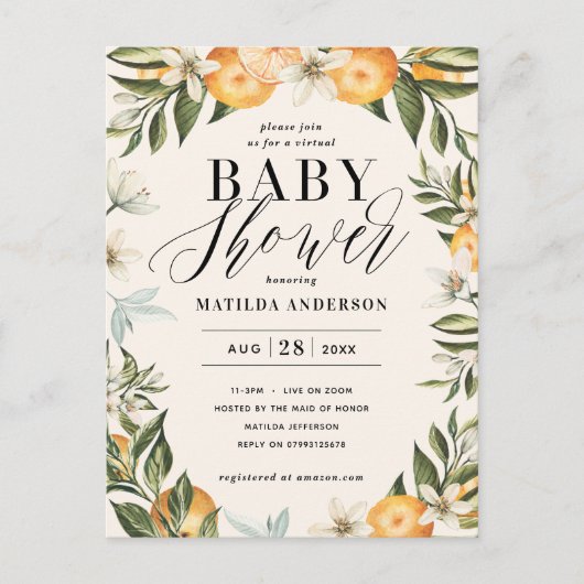 Citrus sinaasappel bloesem virtual baby shower par briefkaart (Voorkant)