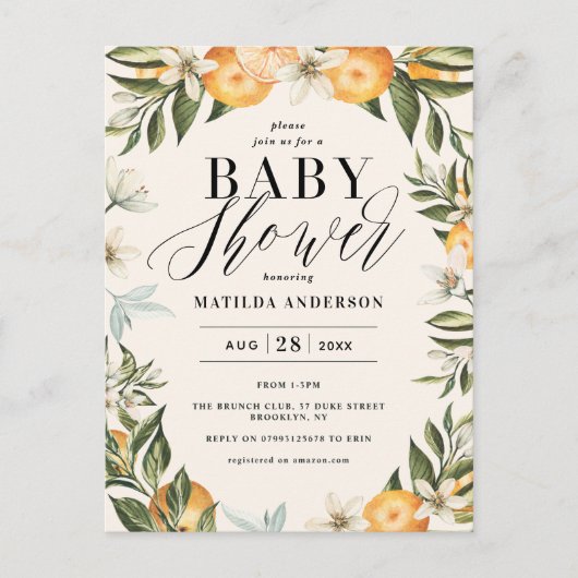 Citrus sinaasappel bloesem virtual baby shower par uitnodiging briefkaart (Voorkant)