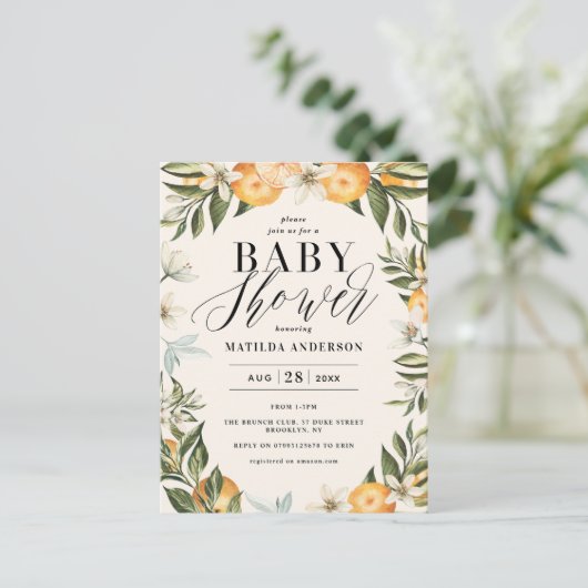Citrus sinaasappel bloesem virtual baby shower par uitnodiging briefkaart (Staand voorkant)