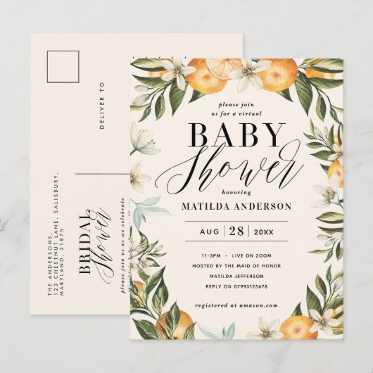 Citrus sinaasappel bloesem virtual baby shower par uitnodiging briefkaart (Voorkant / Achterkant)