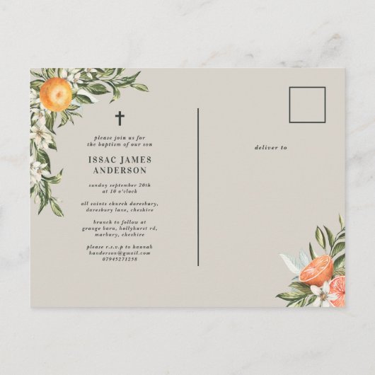 Citrus, sinaasappel + blossom, dop uitnodiging briefkaart (Achterkant)