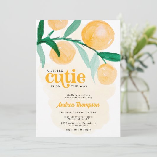 Citrus Sinaasappel Kleine Cutie Baby shower Kaart (Staand voorkant)