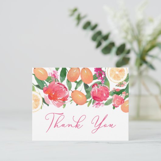 Citrus Sinaasappel Kumquat Pioenen Bloemen Dank u Briefkaart (Staand voorkant)