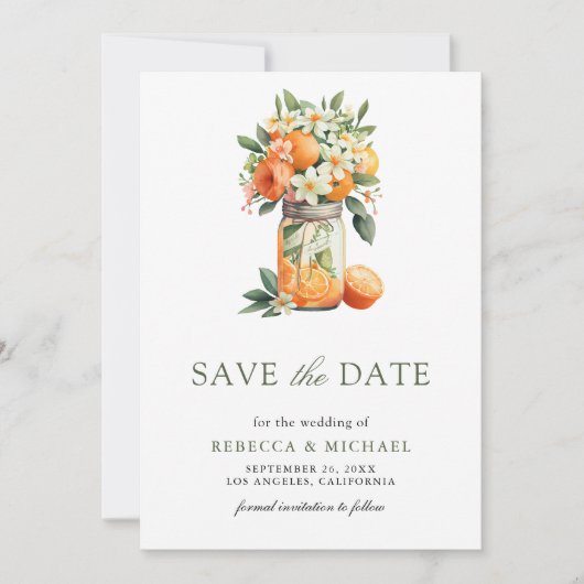 Citrus Sinaasappel Mason Jar foto bruiloft Save The Date (Voorkant)