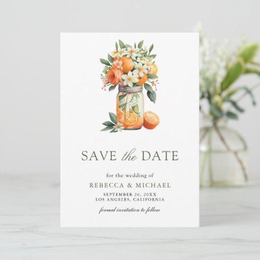 Citrus Sinaasappel Mason Jar foto bruiloft Save The Date (Staand voorkant)