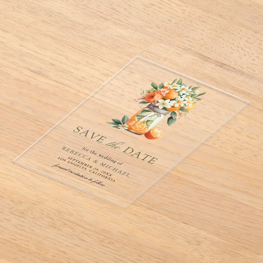 Citrus Sinaasappel Mason Jar Wedding Save the Date Acryl Uitnodigingen (Laagn)