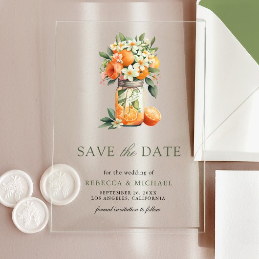 Citrus Sinaasappel Mason Jar Wedding Save the Date Acryl Uitnodigingen