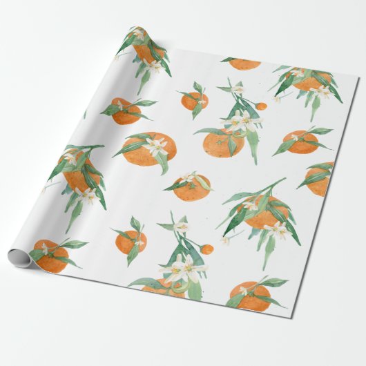 Citrus Sinaasappel n White Waterverf Floral Foliag Cadeaupapier (Uitgerold)