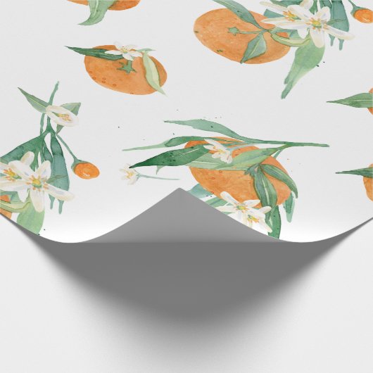 Citrus Sinaasappel n White Waterverf Floral Foliag Cadeaupapier (Hoek)