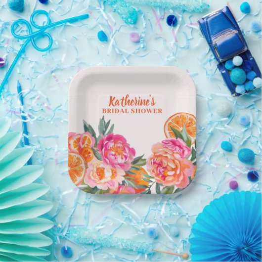 Citrus Sinaasappel & Roze Bloemen Vet Vrijgezellen Papieren Bordje (Feest)