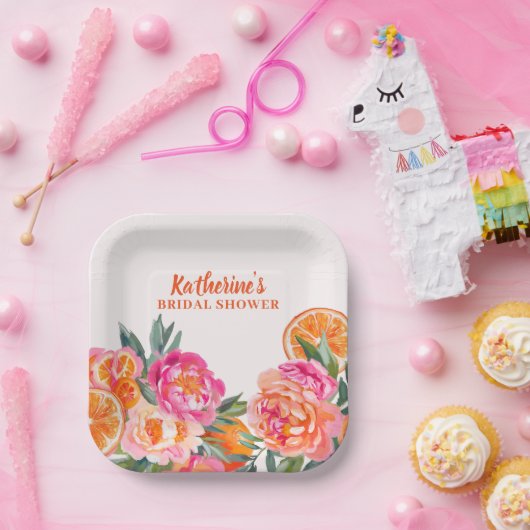 Citrus Sinaasappel & Roze Bloemen Vet Vrijgezellen Papieren Bordje (Feest)