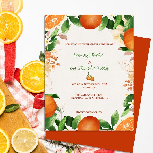 Citrus Sinaasappel Rustic Fall Huwelijksuitnodigin Briefkaart