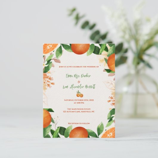Citrus Sinaasappel Rustic Fall Huwelijksuitnodigin Briefkaart (Staand voorkant)