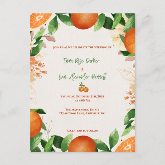 Citrus Sinaasappel Rustic Fall Huwelijksuitnodigin Briefkaart (Voorkant)