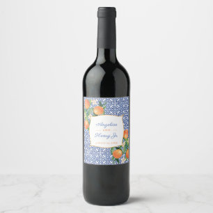 Citrus Sinaasappels Amalfi Blue Tegels bruiloft di Wijn Etiket
