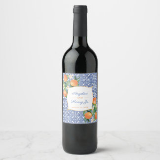 Citrus Sinaasappels Amalfi Blue Tegels bruiloft di Wijn Etiket