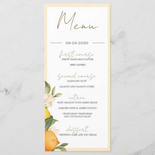 Citrus Sinaasappels Citroenen Zomer Monogram Menu (Voorkant)